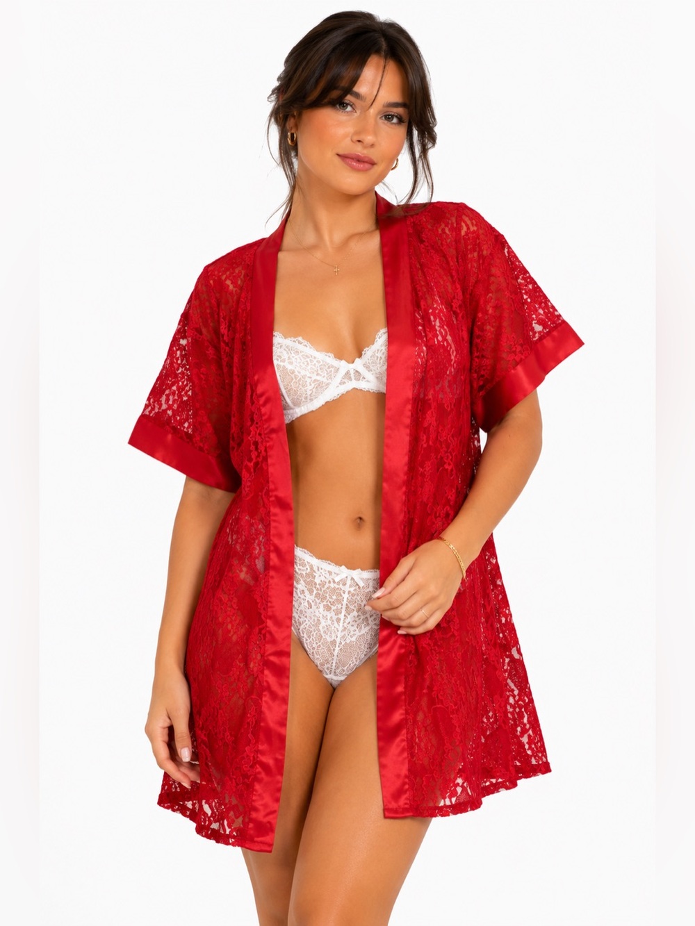 90s French Vintage Pierre Cardin Paris Floral Lace Robe (Red) EU 36, XS-S